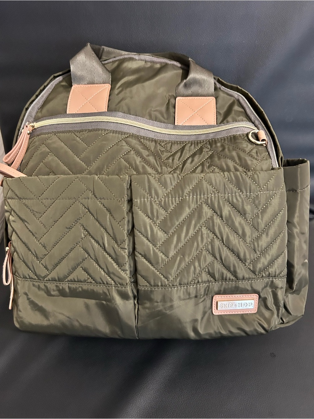 Skip Hop Olive Quilted Convertible Backpack with Tan Accents
